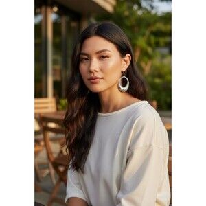 Silver Tone Hammered Oval Dangle Earrings, Boho Open Oval Earrings, Lightweight